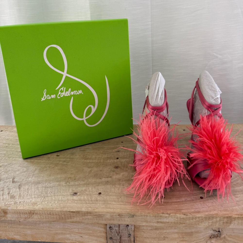 Sam Edelman Layton Feather Strappy Heels Rose Quartz Statement Sandal NWT Size 5 - Picture 9 of 16